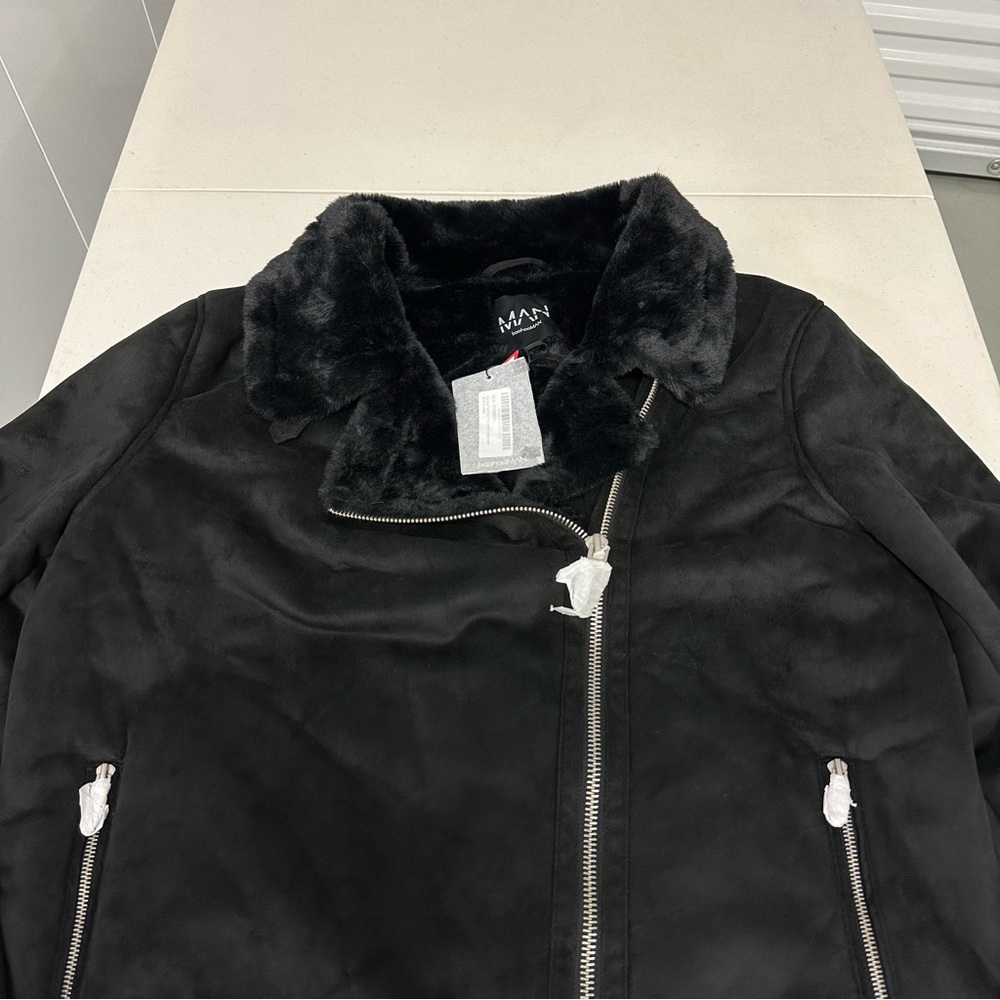 Boohooman Big & Tall Faux Fur Lined Suede Aviator Jac… Gem